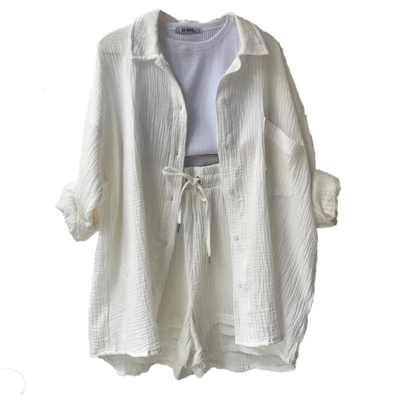 Abito da donna estivo Set corto Abiti Abito in mussola per donna 2024 Set da due pezzi Abbigliamento femminile Abiti con risvolto con bottoni solidi