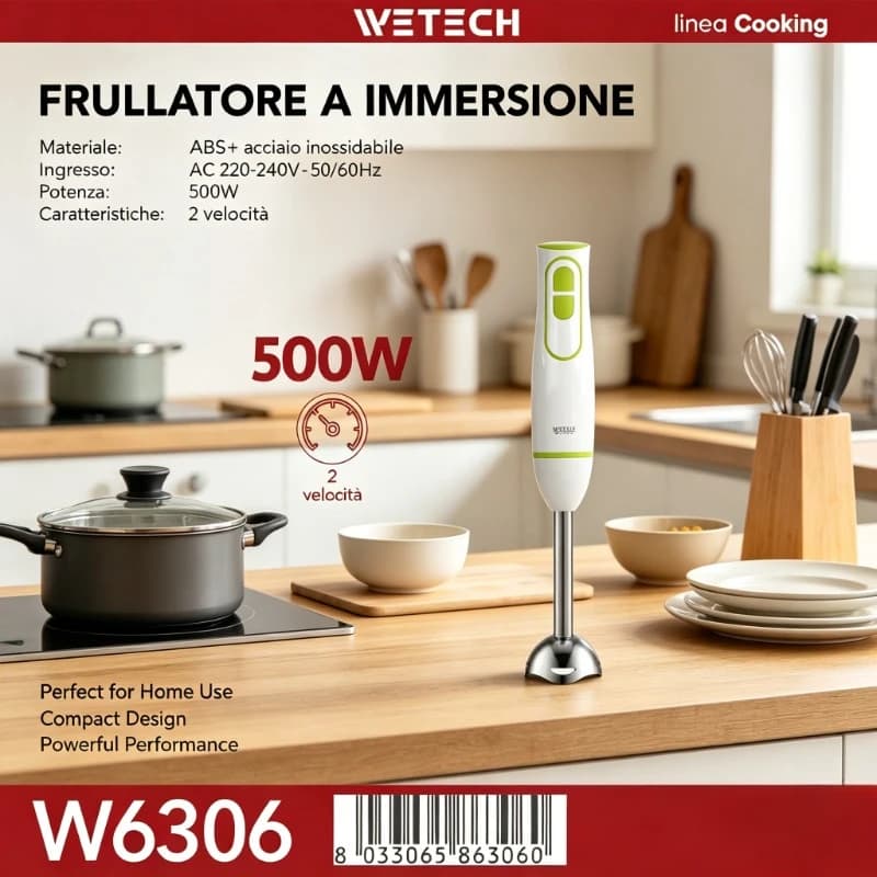 Set Mixer da Cucina WETECH: Frullatore a Immersione 500W e Montalatte/Sbattitore Ricaricabile per Cucina e Caffè