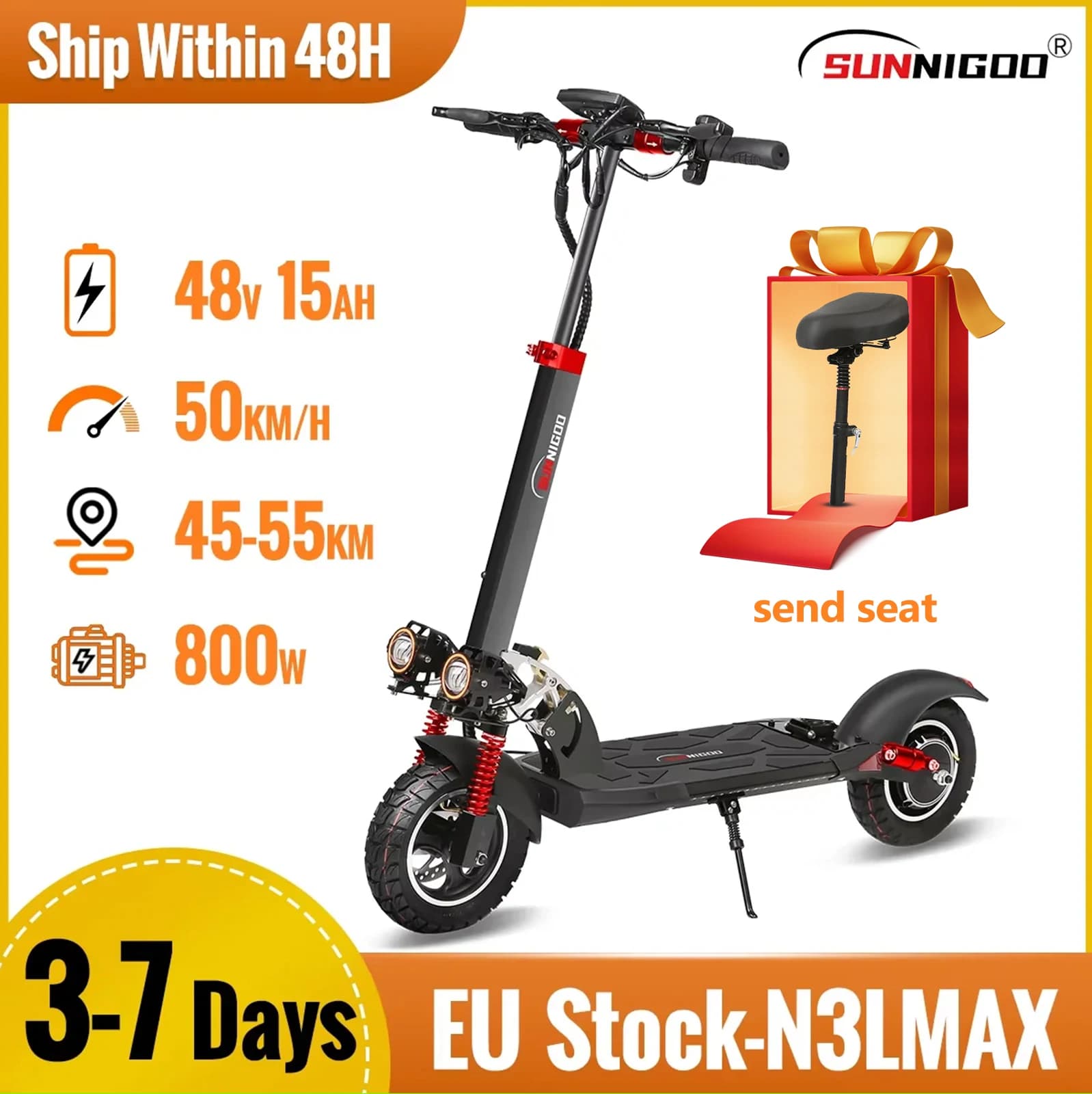 Monopattino Elettrico con Motore 800W, Batteria 48V13AH, Sedile Rimovibile, Pneumatici 10\", per Pendolari Urbani e Fuoristrada, Pieghevole