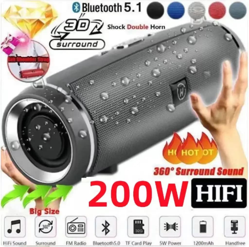 Altoparlante Bluetooth portatile da 200 W IPX7 Altoparlante da esterno impermeabile HIFI Pillar Subwoofer Altoparlante stereo Radio FM TF Boom Box