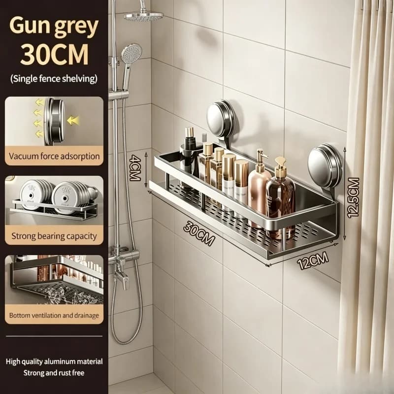 Mensola da Bagno in Alluminio Senza Foratura, con Ventosa Adesiva, Scaffale da Parete, Organizzatore per WC