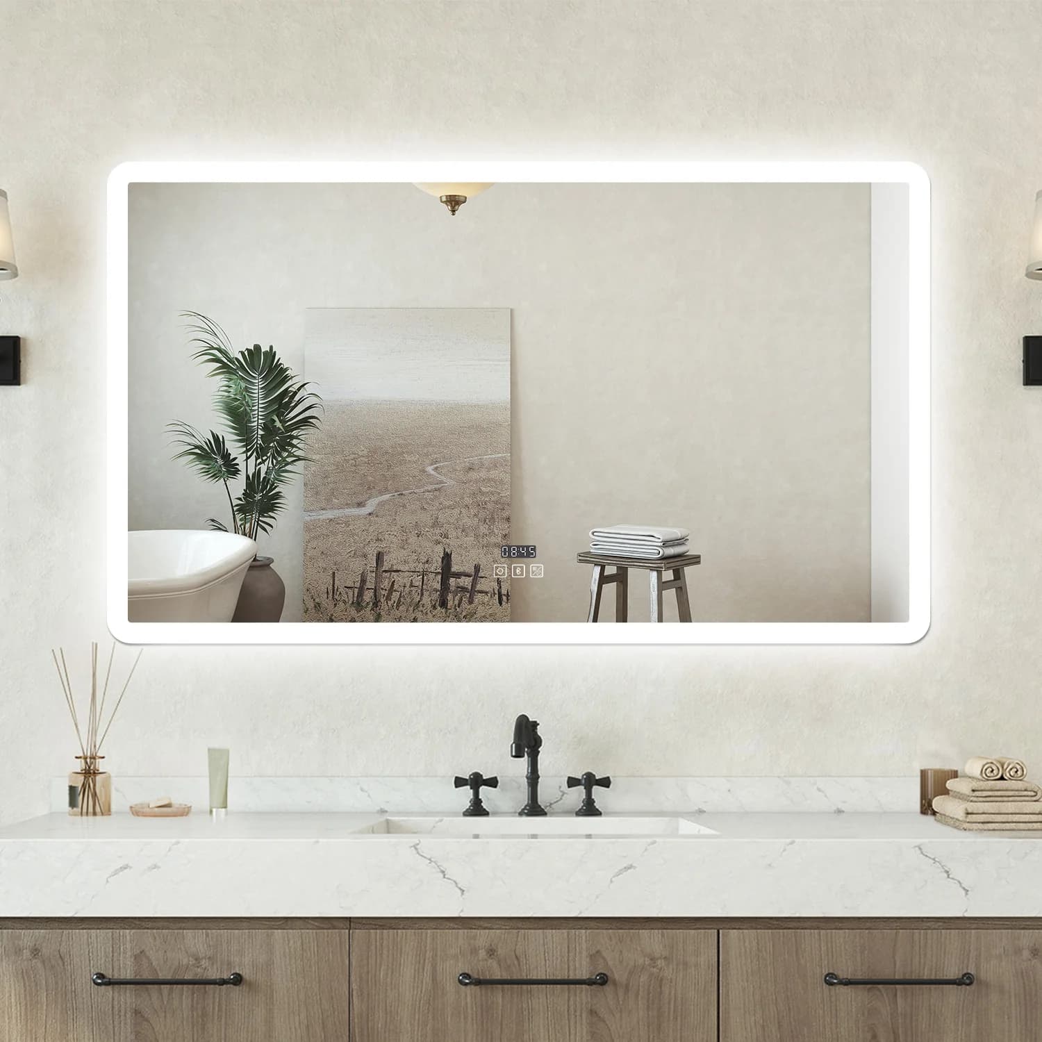 Specchio bagno Rettangolare 100-160cm Led Con 3 Luci Bluetooth + Orologio + Antiappannamento