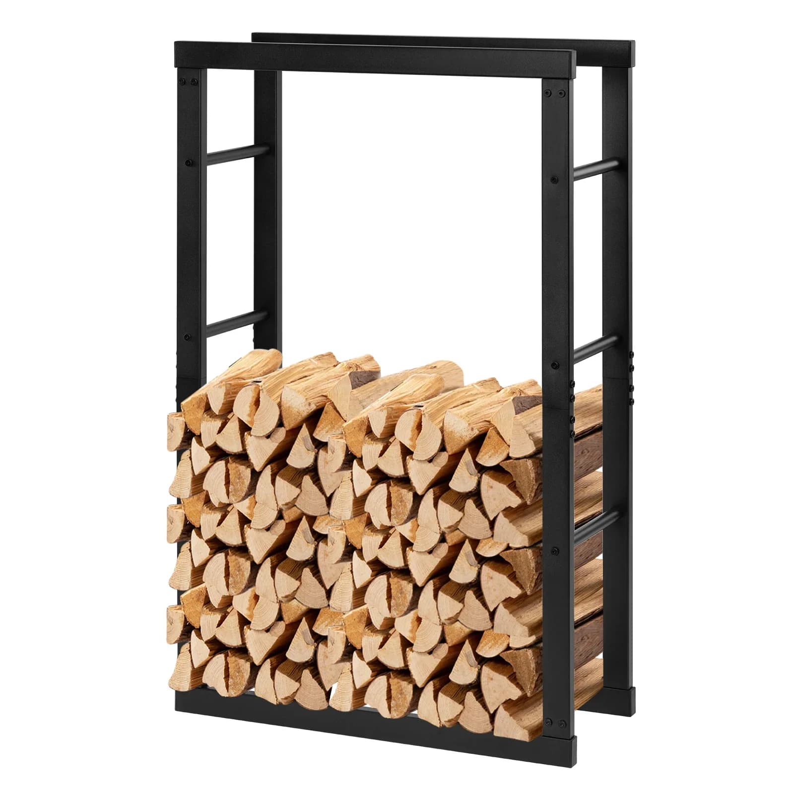 Porta Legna Nero in Metallo per Interni ed Esterni, Supporto Impilabile per Legna da Ardere, Riparo in Legno Multimisura per Giardino