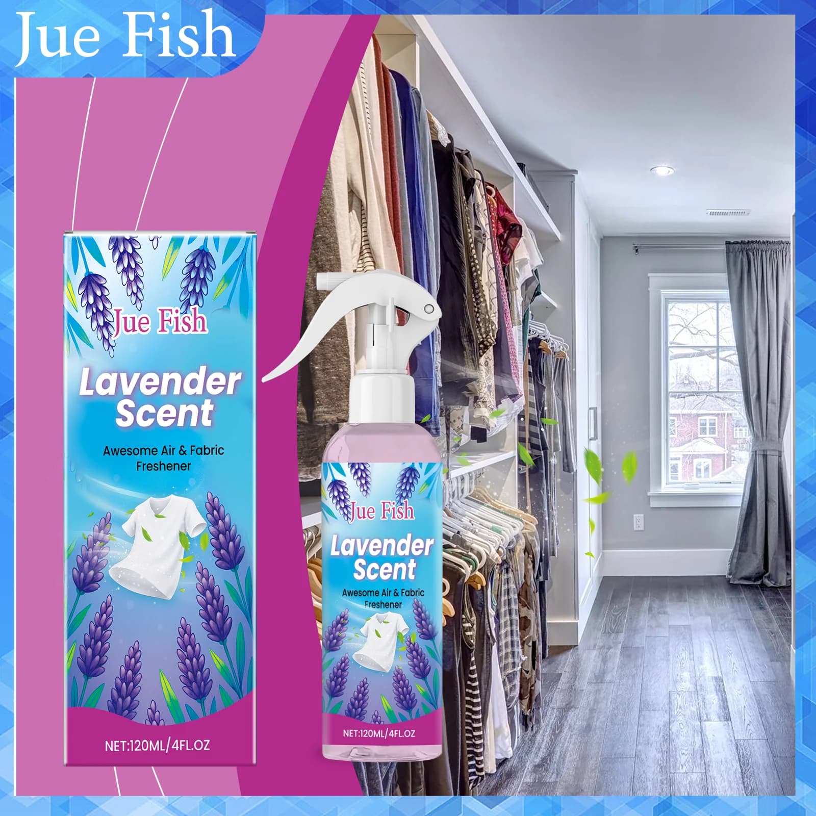 Spray rinfrescante per tessuti da 120 ml Eliminatore di odori Profumo di lavanda Formula antistatica per vestiti e biancheria da letto Delicato sui
