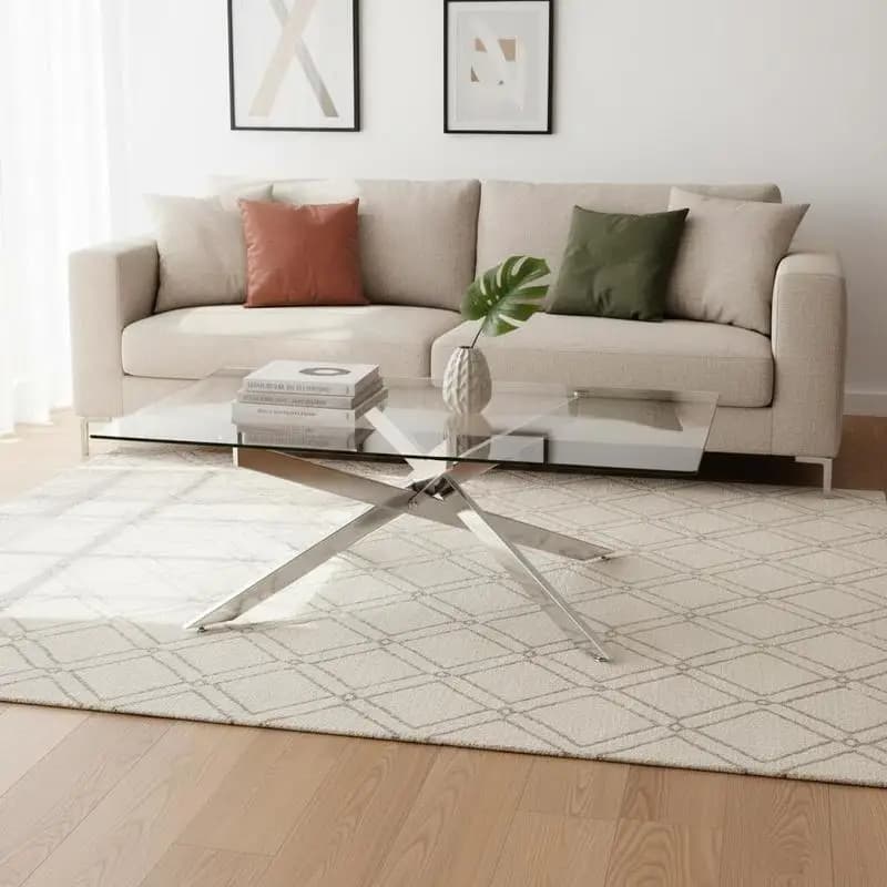 Tavolino da caffè in vetro, tavolo centrale rettangolare con piano in vetro temperato e gambe tubolari in metallo, tavolo 120 x 60 x 45,5 cm, argento