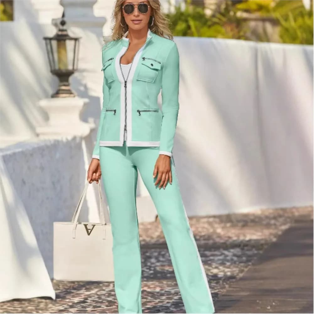 Pantaloni da donna casual di colore moda Set da 2 pezzi Autunno e inverno Nuovo slim fit Top con cerniera semplice Pantaloni sportivi Abito da ufficio