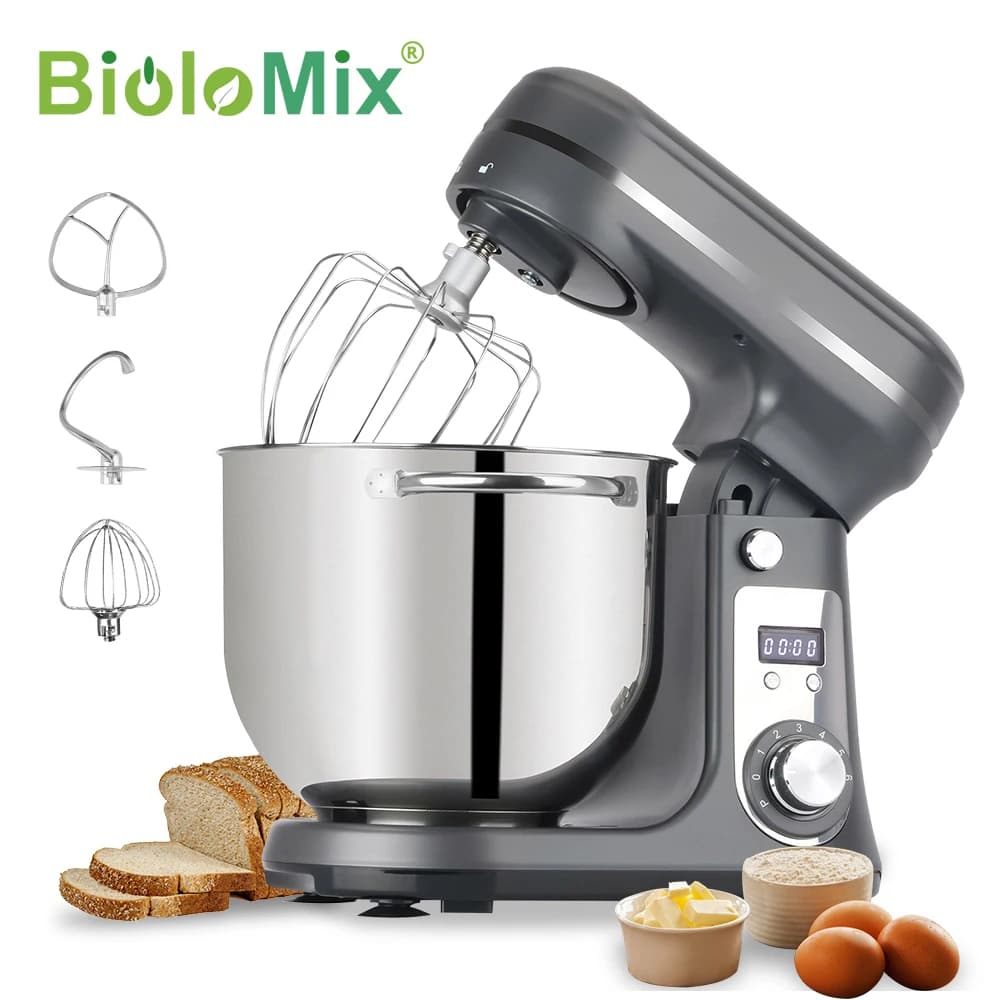BioloMix Robot da cucina da cucina a 6 velocità 1200W Motore silenzioso DC Ciotola in acciaio inossidabile da 6 litri con frusta per uova e panna