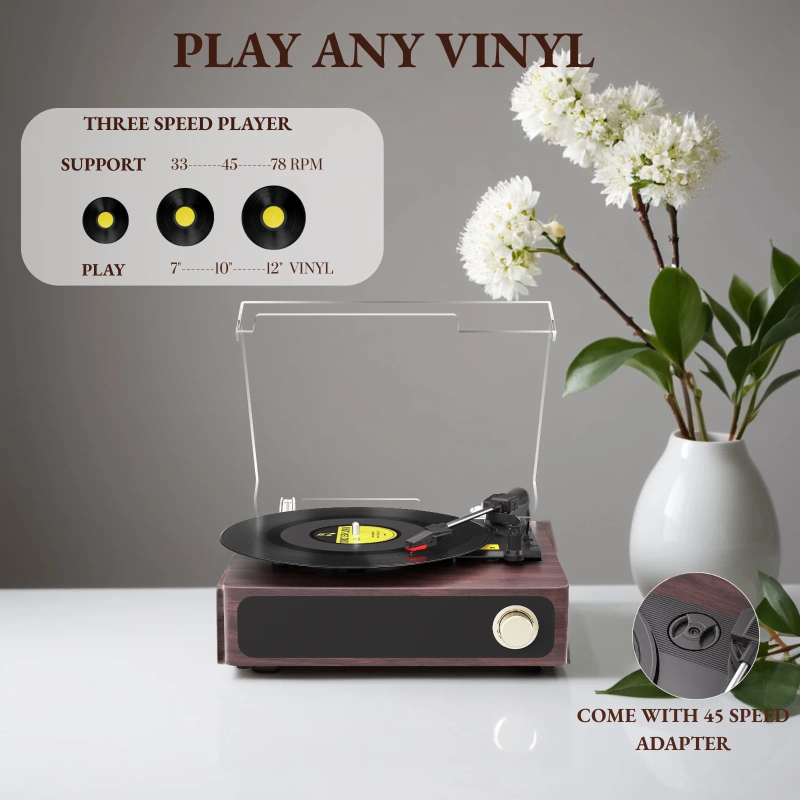 Giradischi Vintage Maio A4 a Trasmissione a Cinghia, Dischi in Vinile, Stereo ad Alta Fedeltà, Altoparlante Integrato, 3 Velocità