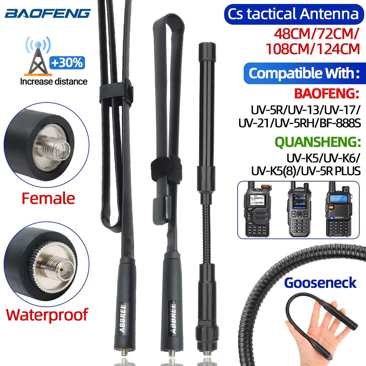 ABBREE CS Antenna Tattica SMA-Femmina Dual Band VHF UHF 144/430Mhz Pieghevole Per Walkie Talkie Baofeng UV-21 UV-5R QuanSheng K5