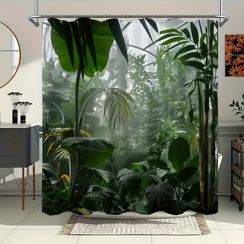 Tenda da doccia per bagno con paesaggio con fogliame tropicale, lavabile in lavatrice, elegante tenda da doccia decorativa per bagno con 12 ganci