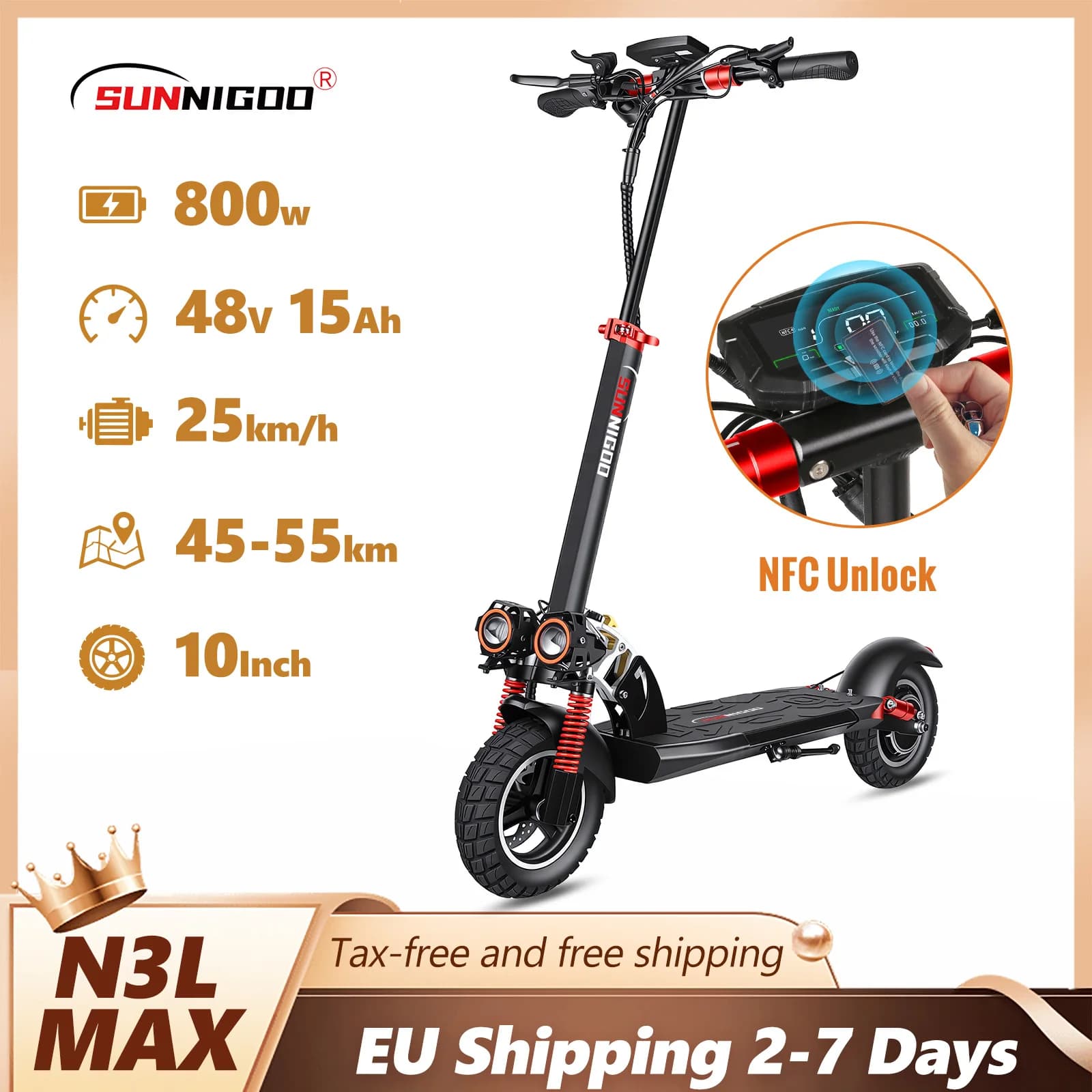 SUNNIGOO Monopattino Elettrico 800W per Adulti - Velocità Massima 25km/h, Autonomia 45-55km, Pneumatici Fuoristrada da 10'', E-Scooter Pieghevole per