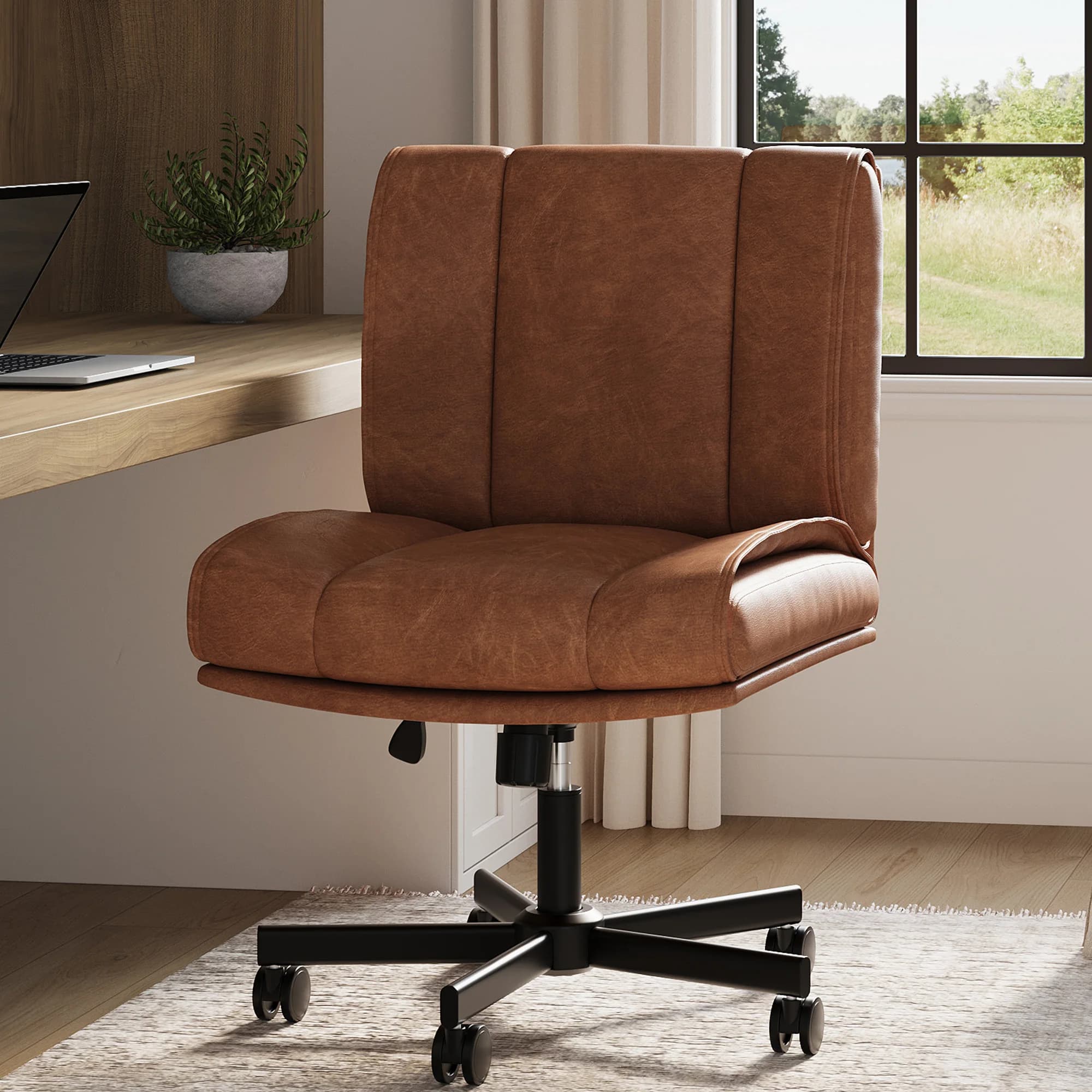 Sedia Criss Cross con Ruote, Sedia da Ufficio Girevole Senza Braccioli in Comoda Pelle PU, con Schienale e Altezza Regolabili, Ideale per Uffici