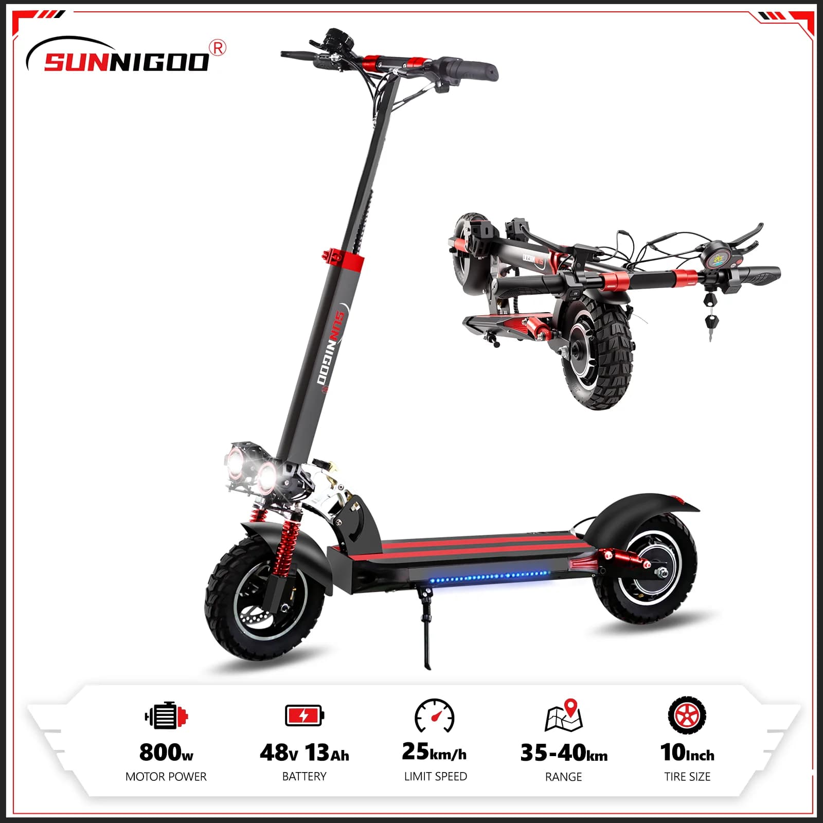 Monopattino elettrico SUNNIGOO per adulti, pneumatici da 10 pollici, motore da 800W, batteria 48V13AH, monopattino elettrico pieghevole da città, con