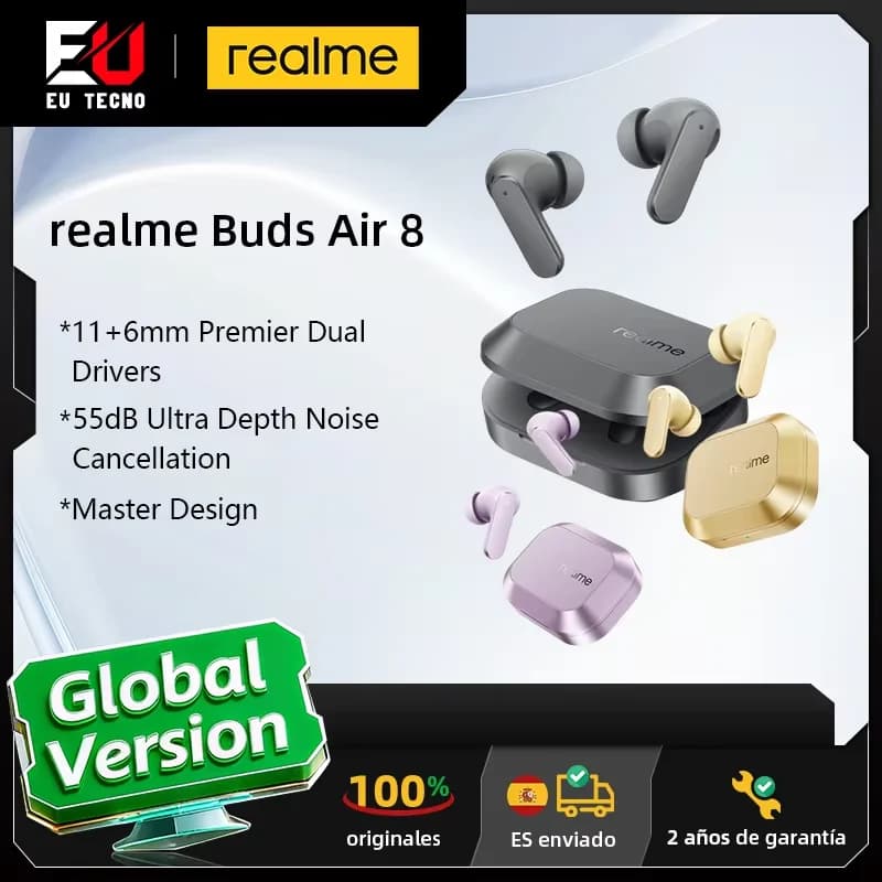 Versione globale realme Buds Air 8 Auricolari Cancellazione del rumore ultra profonda a 55 dB Doppio driver Premier da 11+6 mm Design Master IP55