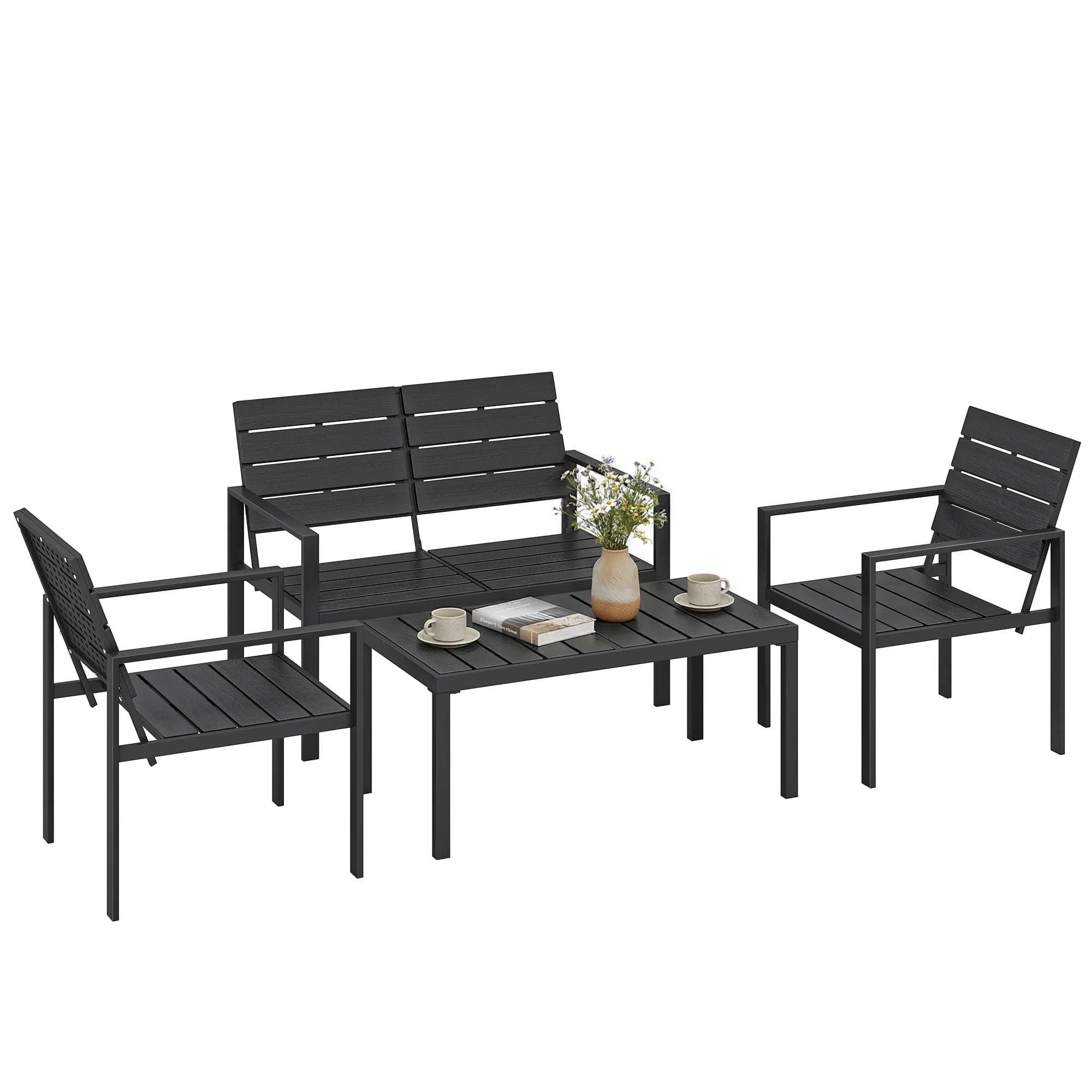 Mobili da giardino Outsunny, set da 4 pezzi composto da un divano a due posti, 2 sedie e un tavolino basso, mobili da giardino per terrazza o veranda,