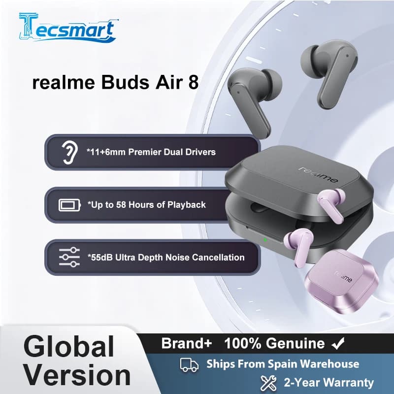 Versione globale realme Buds Air 8 Auricolari Cancellazione del rumore ultra profonda a 55 dB Doppio driver Premier da 11+6 mm Design Master IP55