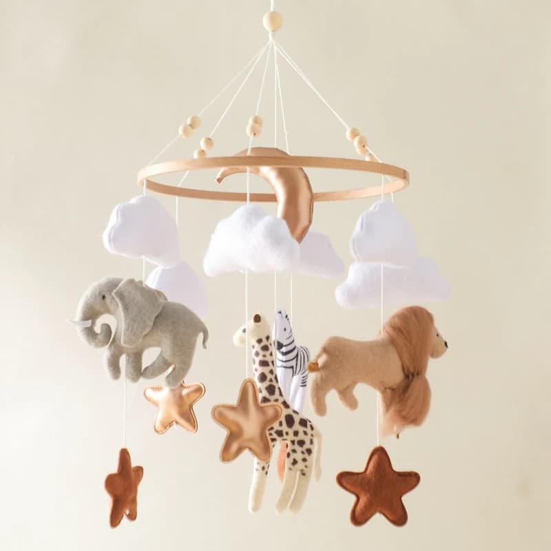 Mobile per Culla in Legno con Sonagli Morbidi in Feltro e Animali Cartoon, Carillon Musicale per Neonati, Giocattolo da Appendere, Supporto per Culla,