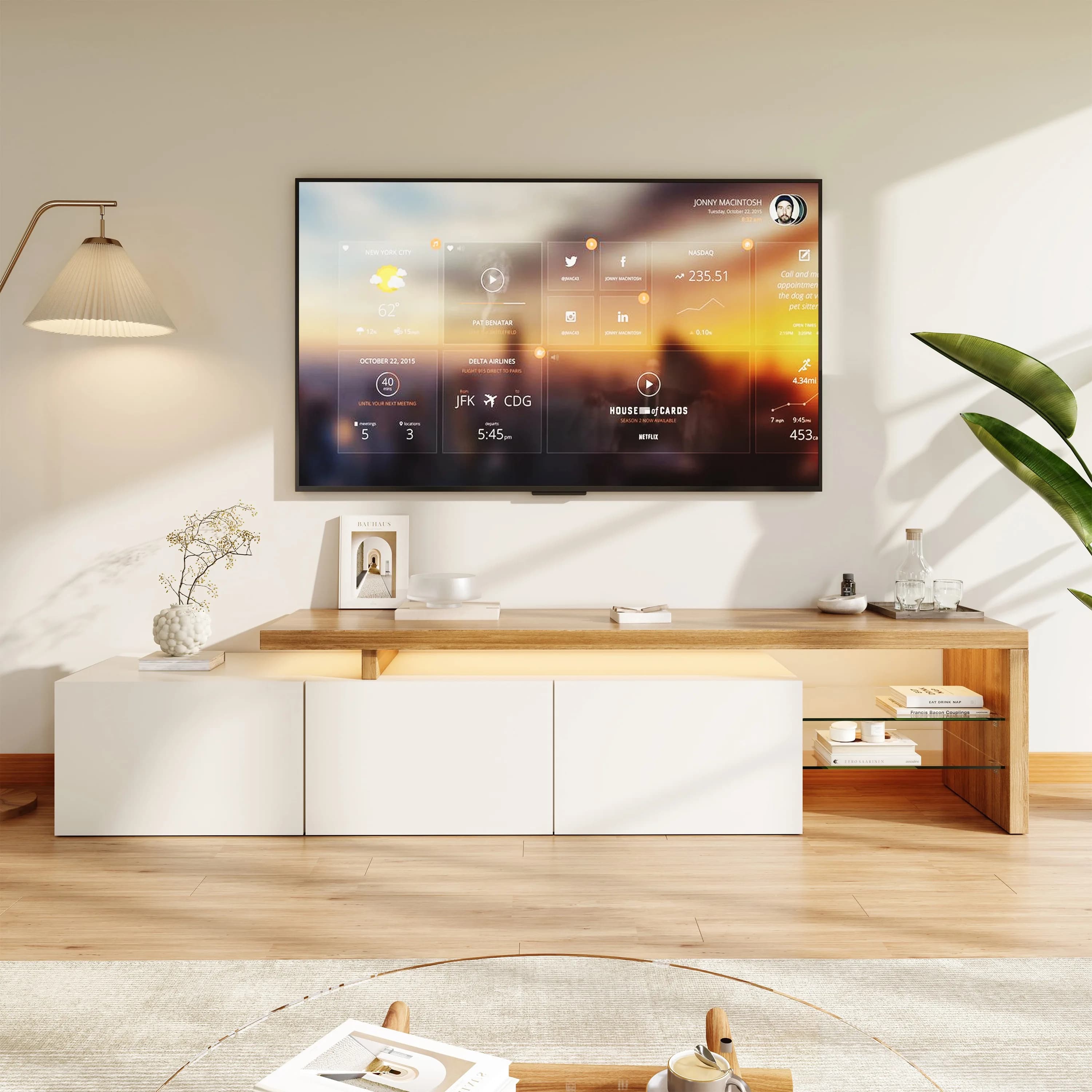 Mobile TV Rosahqnda con LED, 200x39x42cm, Mobile TV basso, Supporto TV, Mobile TV, Comò TV, Soggiorno, Sala da pranzo