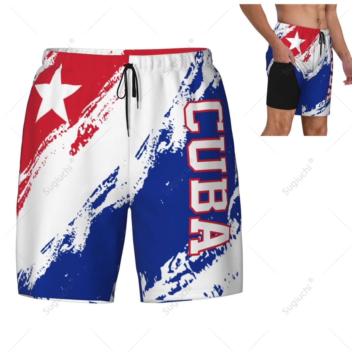 Cuba Flag Color 3D Mens Swimming Beach surf Pants pantaloncini da bagno Trunks Compression Liner 2 in 1 Quick-Dry