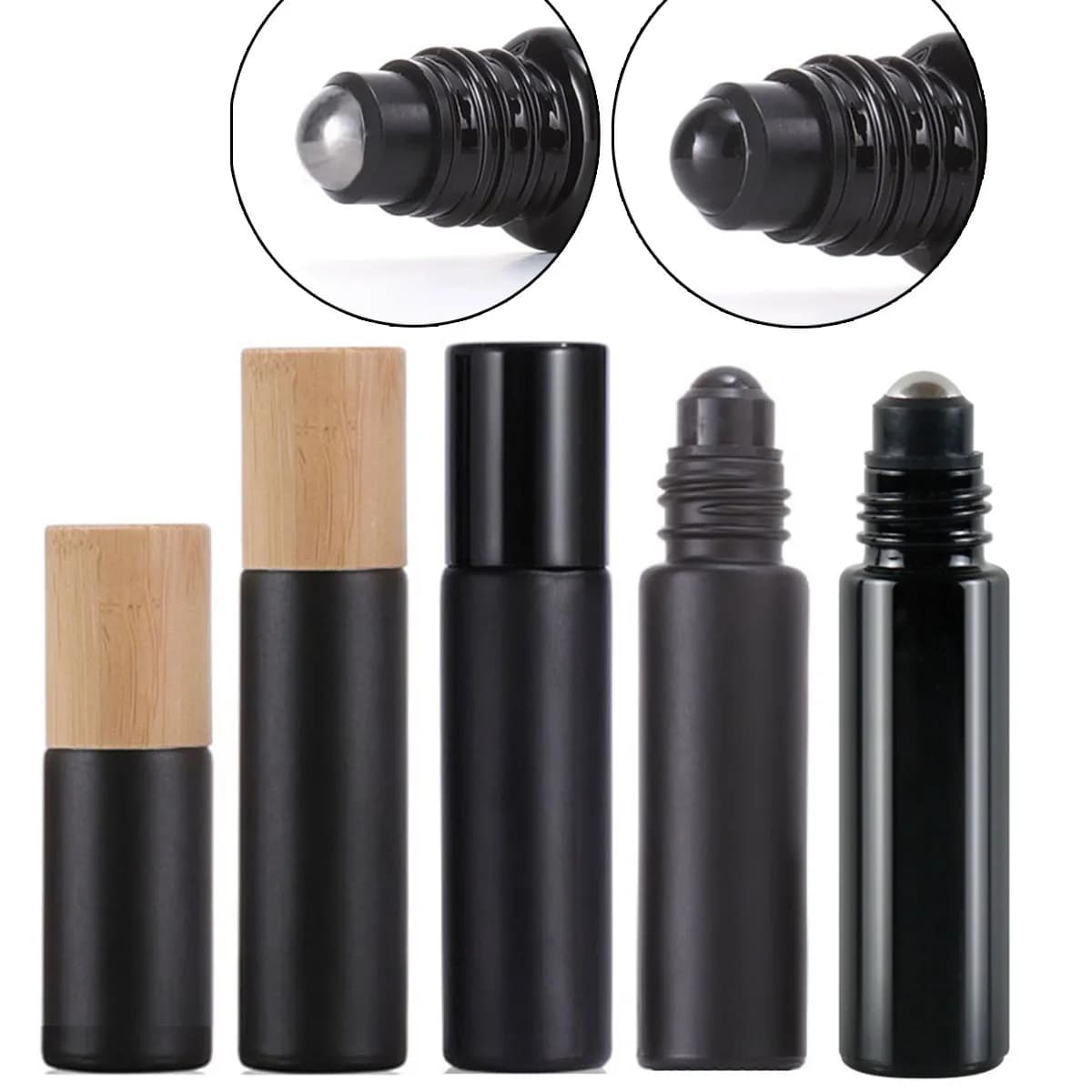 1X 10X 5ML 10ML Vetro Nero Roll On Bottiglia di Olio Essenziale Ossidiana Naturale Rullo a Sfera per Profumo Aromaterapia Riutilizzabile di Bambù
