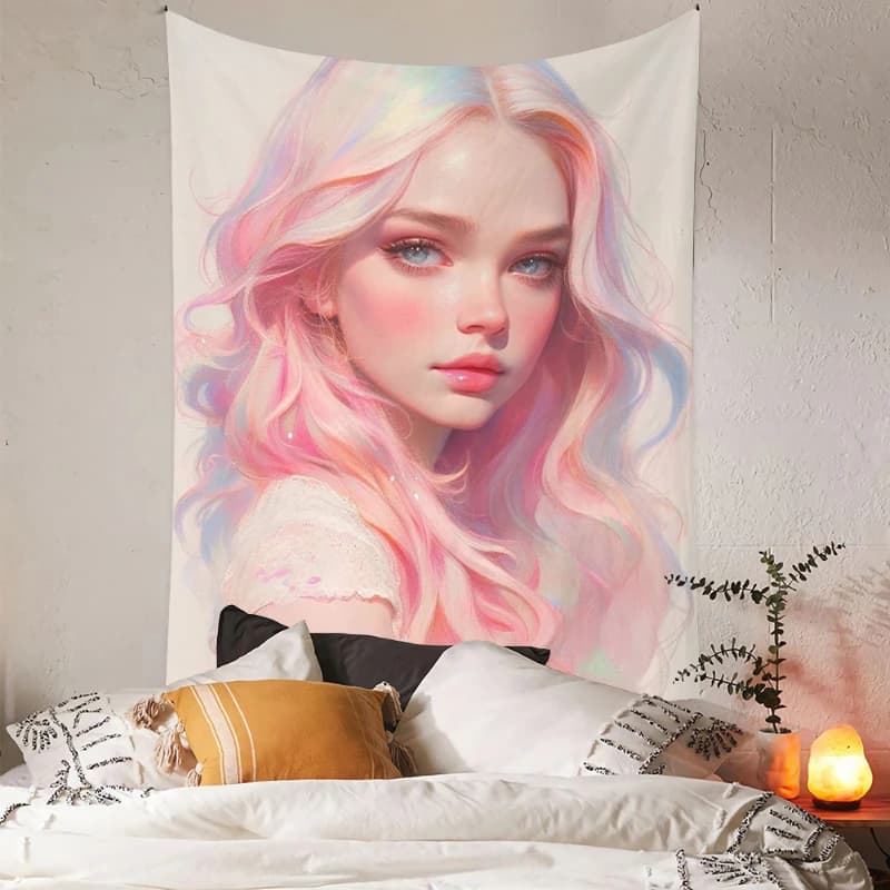 VIKAMA Tappeto da parete con ritratto di ragazza arcobaleno pastello, decorazione da parete estetica Kawaii, arte anime per camera da letto,