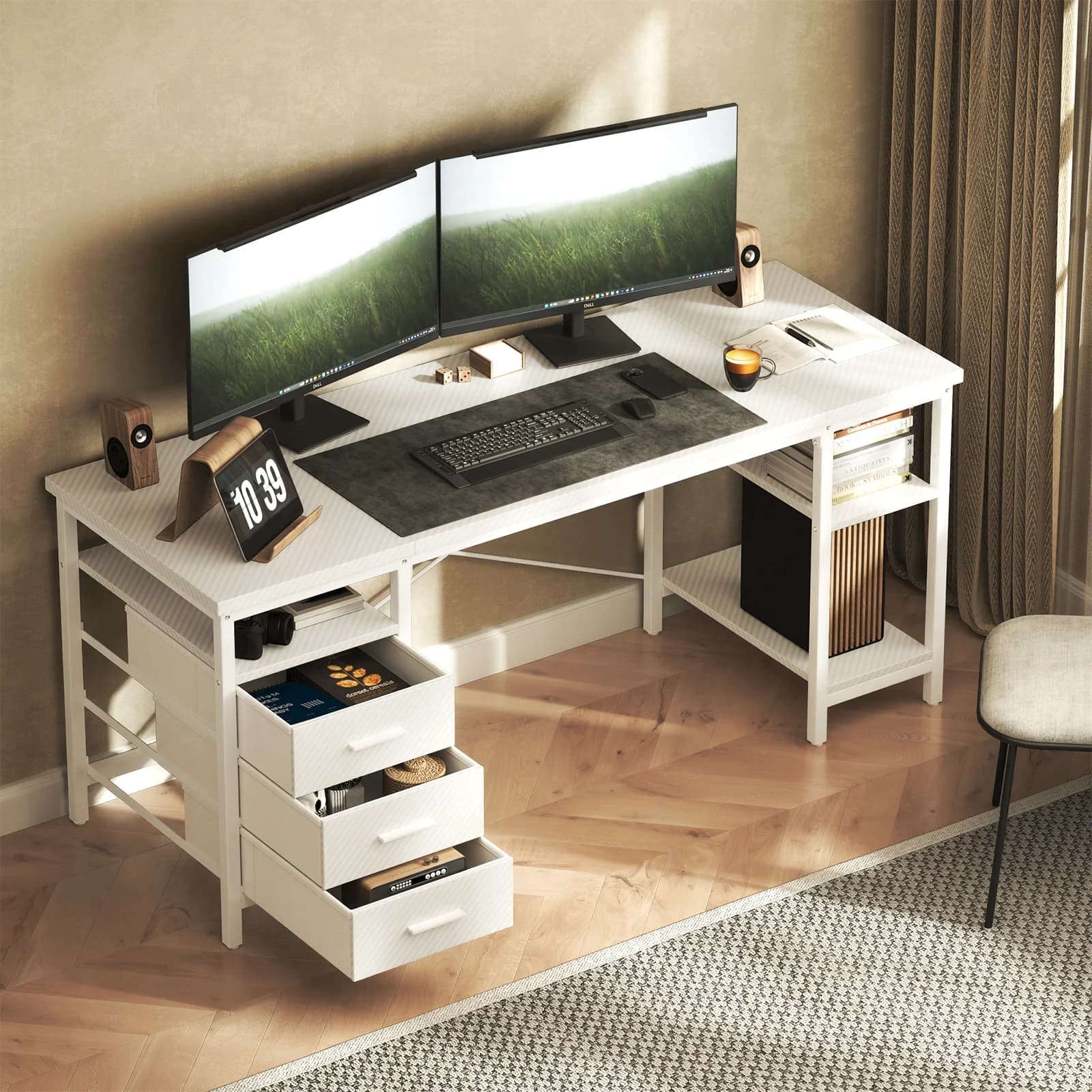 Scrivania per computer Patbrela con 3 cassetti in tessuto 120 × 60 × 75 cm, scrivania da gaming con 3 ripiani, scrivania per giocatori marrone 3
