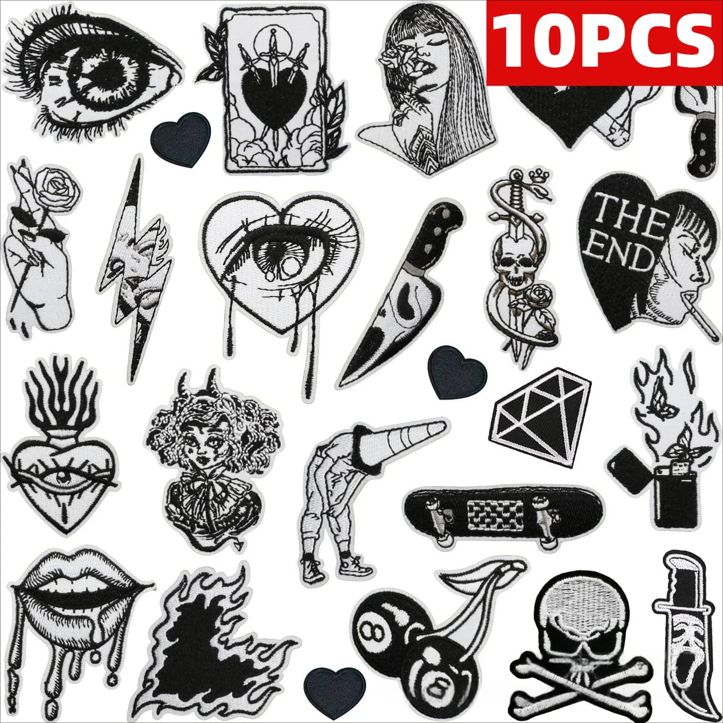 10 Pezzi Patch Decorativa in Tessuto Ricamato con Motivi Love Lips, Lightning e Fiori Bianco e Nero, Termoadesiva