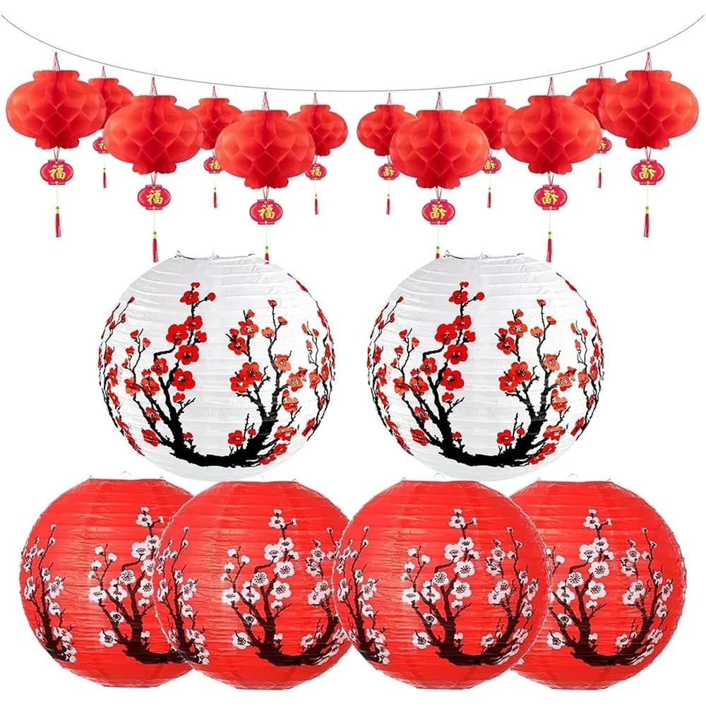 Set di lanterne di carta di plastica Decorazione festiva Lanterna rossa di forma rotonda Materiale di carta Lanterna a nido d'ape dal design orientale