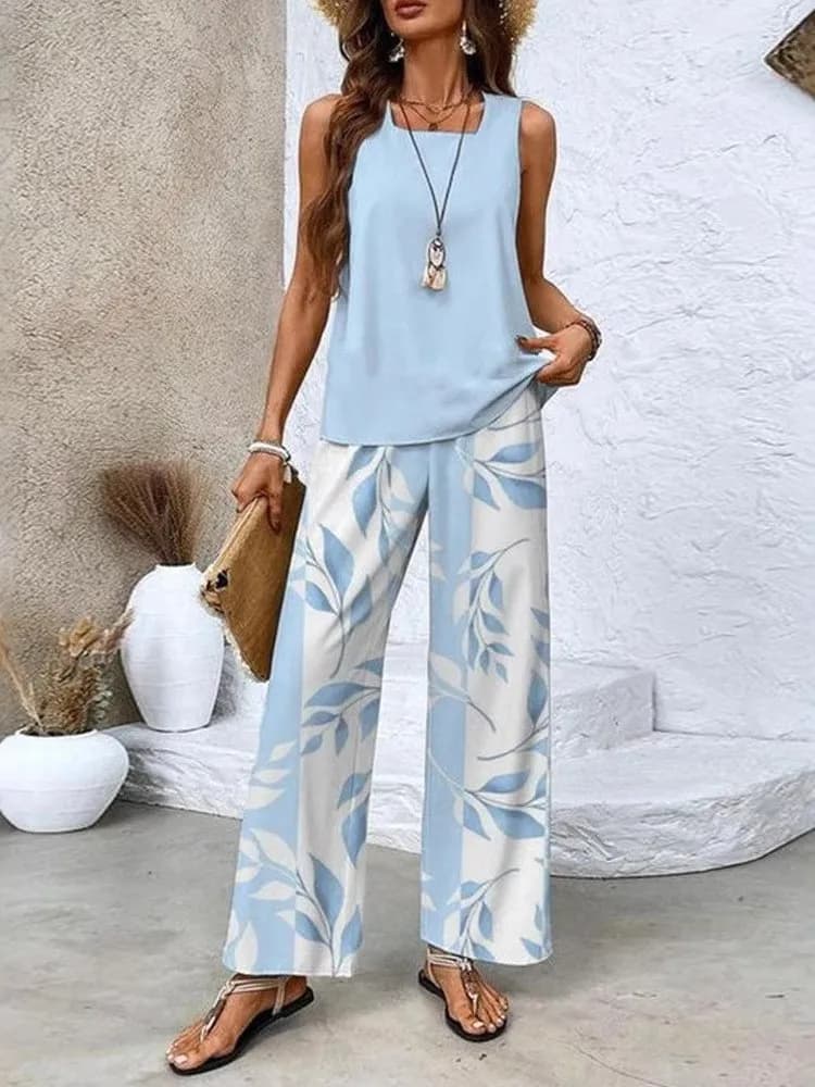 2025 Set di due pezzi con stampa a strisce di fiori di nuova moda da donna Colletto quadrato senza maniche Gilet a doppio strato e pantaloni lunghi