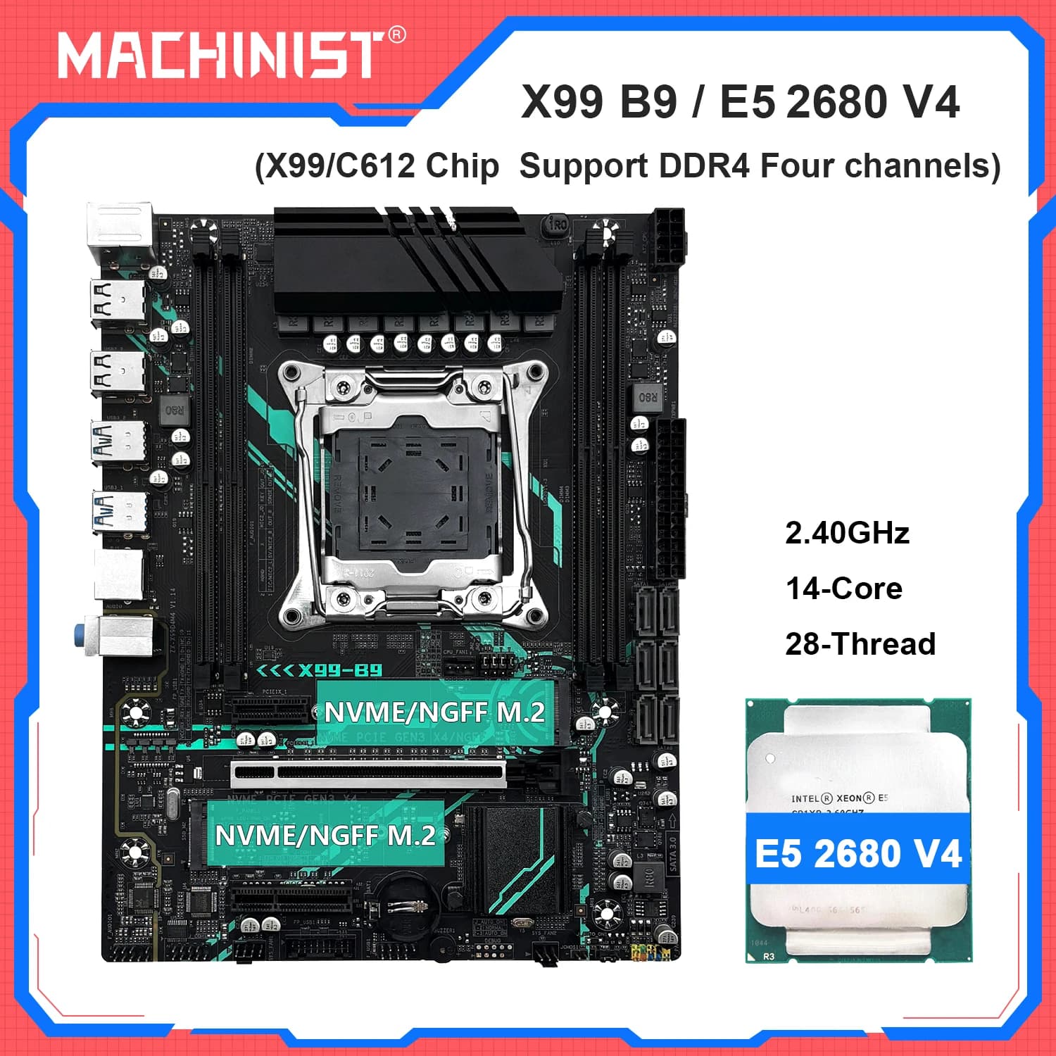 Kit scheda madre MACHINIST X99 B9 Intel Xeon E5 2680 V4 CPU LGA 2011-3 Supporto DDR4 RAM a 4 canali C612 Chip NVME/SATA M.2 USB3.0