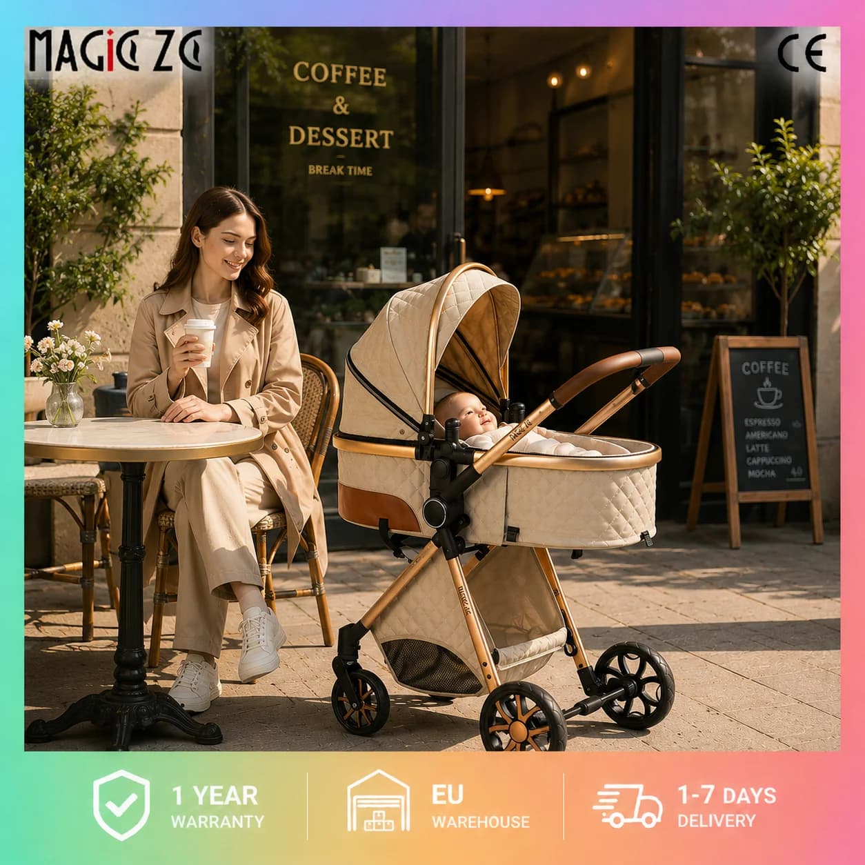 Passeggino Magic ZC 3 in 1, Sistema da Viaggio Compatto e Pieghevole con Navicella, Seggiolino Auto per Neonati e Seduta Reversibile, Carrozzina High