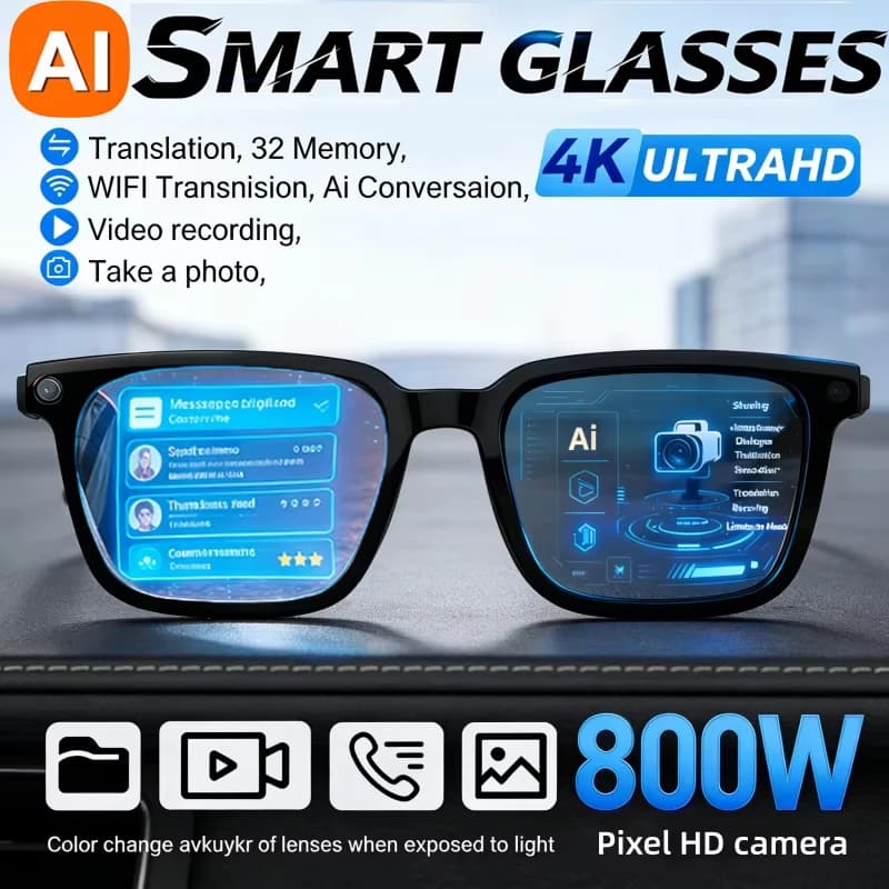 Occhiali Smart AI con Traduzione AI, Fotocamera HD 8MP, Riprese 4K, Conversazione Immagine, Registrazione, Ascolto Musica, Occhiali Smart per Moto