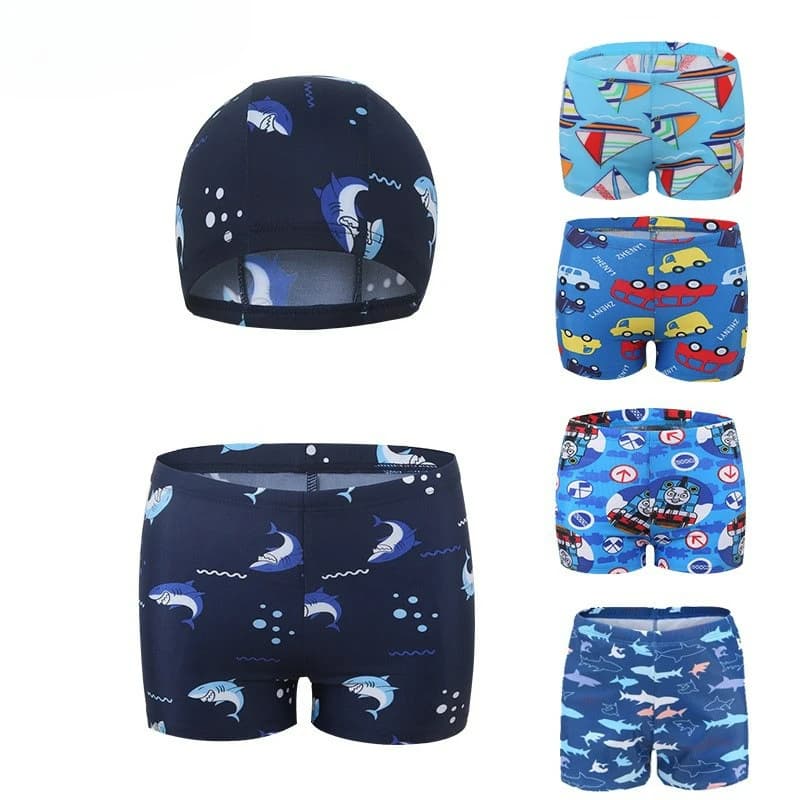 Costume da bagno due pezzi per bambini 2026: Nuovi pantaloncini comodi e traspiranti con stampa cartoon e cappello da nuoto