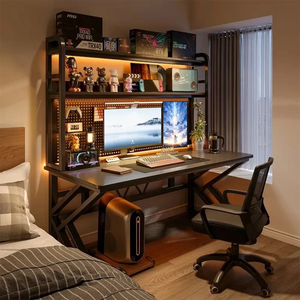 Scrivania da Gaming con Libreria e Pannello Forato, Scrivania per Computer con Ripiano Portaoggetti, Scrivania per Ufficio Domestico e Studio per