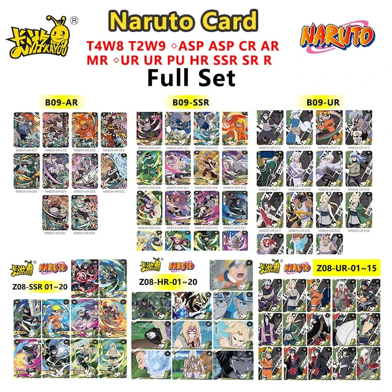 Set di Carte Naruto Kayou AR CR MR UR PTR SSR SR R T2W9 T4W8 Serie Completa Uzumaki Sasuke Hinata Uchiha Carte da Collezione Anime Giocattolo Regalo