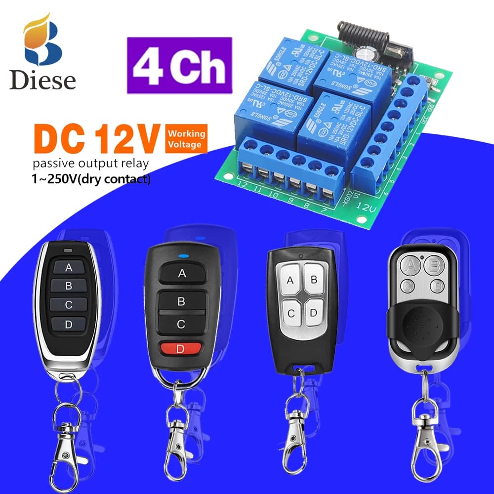 Telecomando Universale Wireless RF433MHz DC12V, Modulo Ricevitore Relè a 4 Canali, Interruttore con Telecomando a 4 Pulsanti per Cancello e Serratura