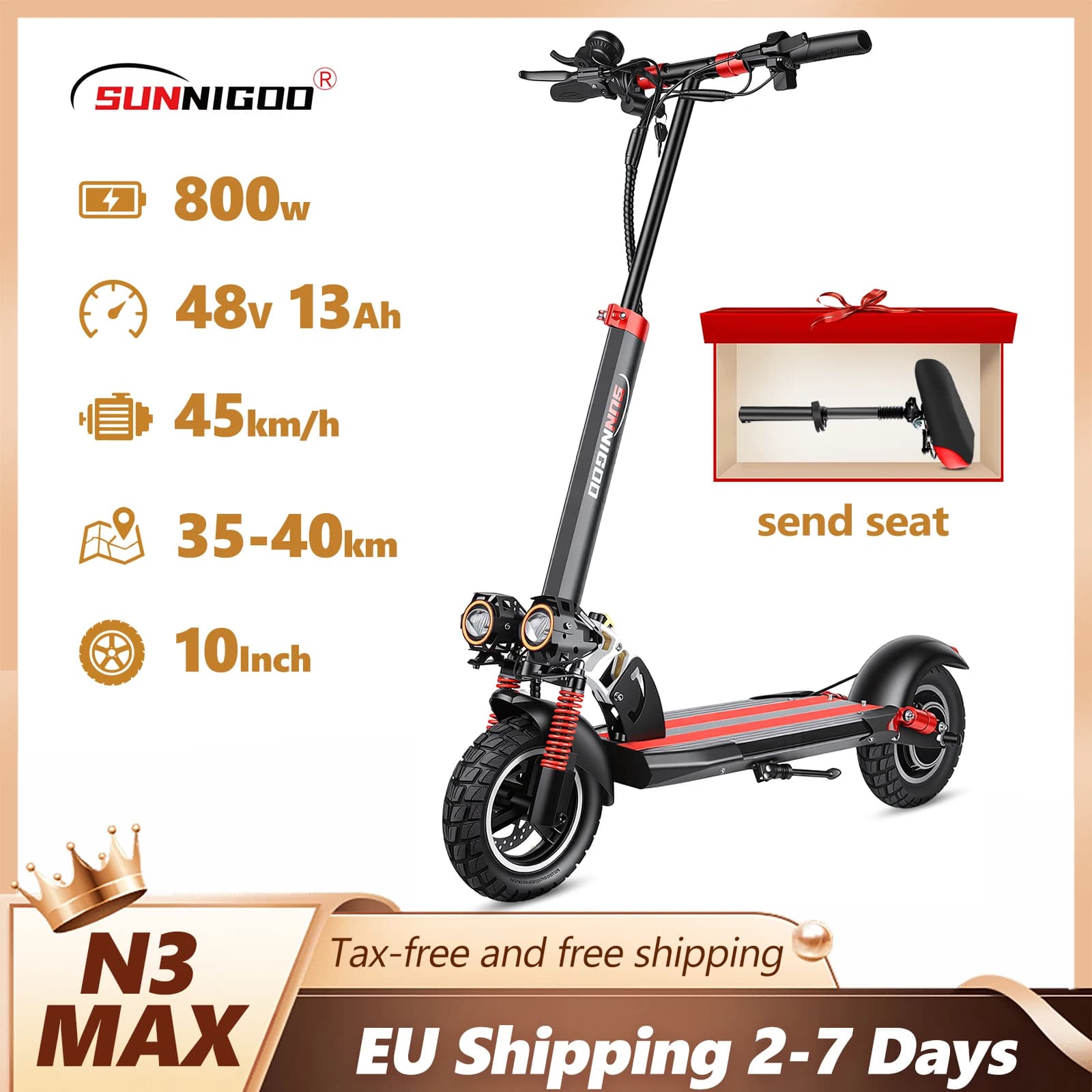 Monopattino elettrico SUNNIGOO per adulti, 10 pollici, fuoristrada, velocità massima ​ ​ Monopattino Elettrico Pieghevole Veloce 45km/h con