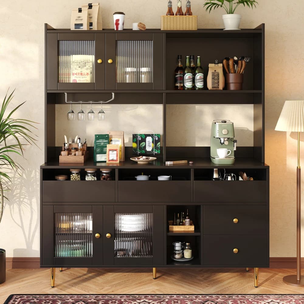 Mobile Alto Moderno per Ristorante 145 X 39 X 171cm con Porta in Vetro Changhong, Portabicchieri da Vino, Scaffalatura Multilivello, Effetto Legno