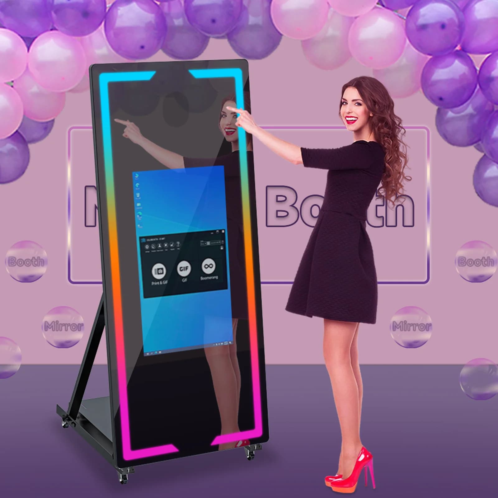 Due cabine fotografiche a specchio da 65 pollici, dotate di fotocamere e stampanti; una cabina fotografica portatile self-service con specchio magico;