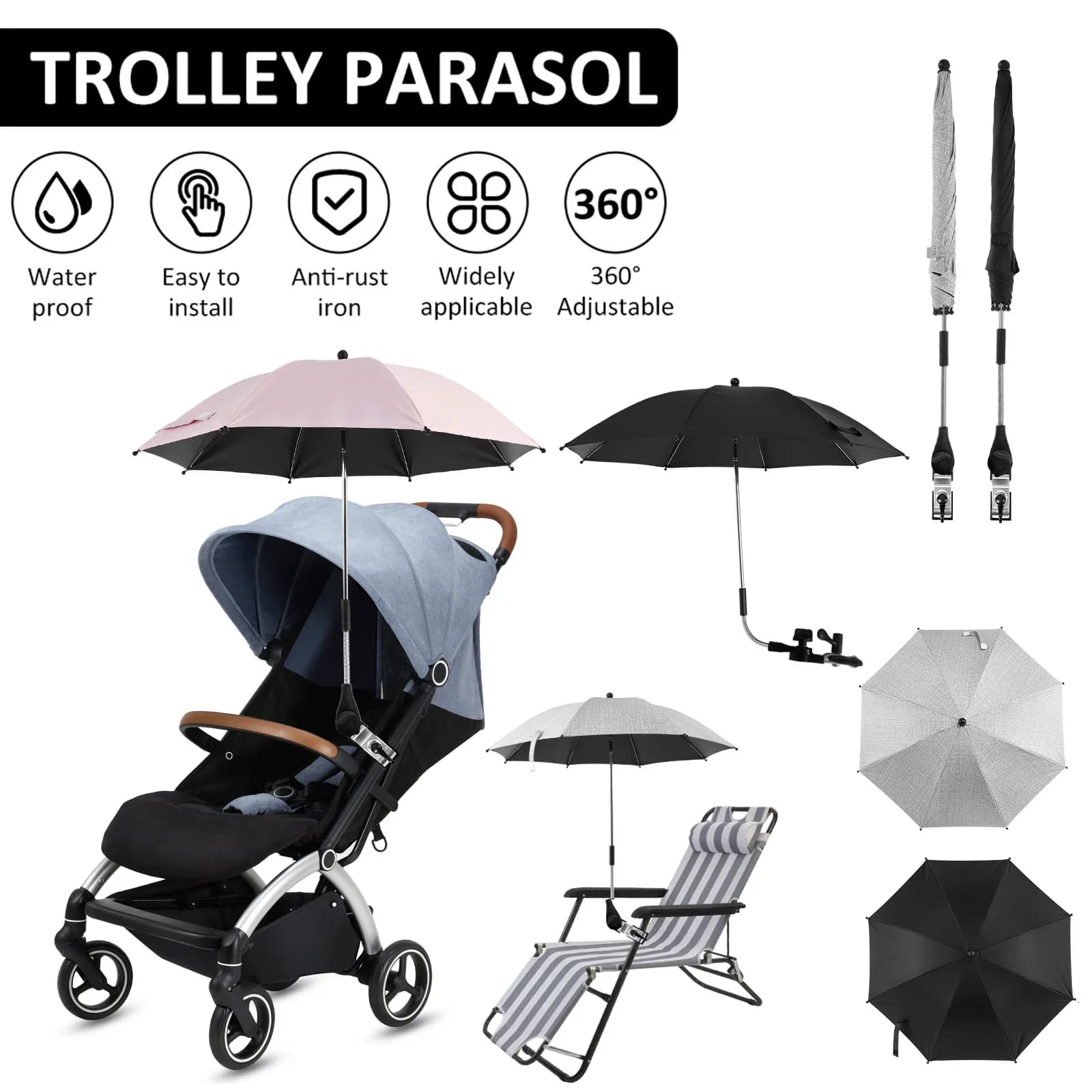 Ombrellino Universale per Passeggino, Protezione UV, Ombrello per Carrozzina 360° °   Ombrellone Parasole Regolabile Antipioggia e Antivento