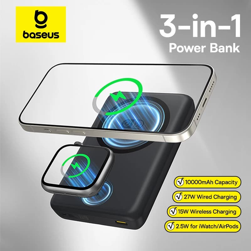Baseus 27W Banca di potere magnetica 10000mAh 15W Batteria esterna di ricarica wireless per iPhone iWatch AirPods Samsung Xiaomi Poco