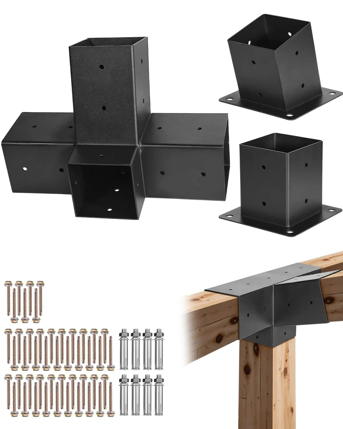 Confezione da 3 staffe angolari per pergola a 4 vie in acciaio al carbonio, adatte per pali da 92 × 92 mm, connettori per montaggio a parete per