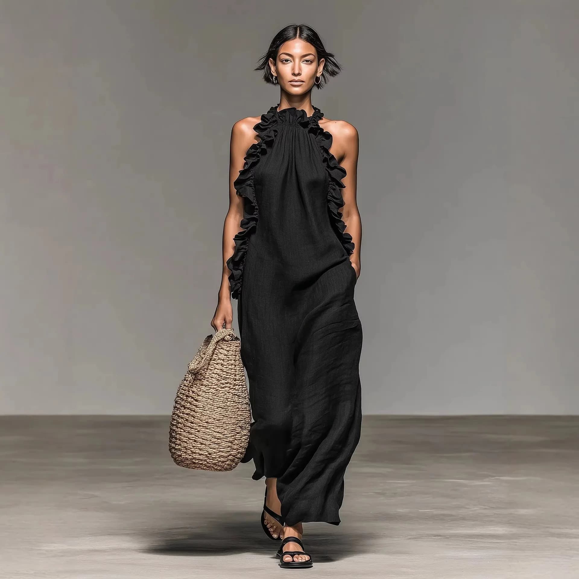 Abito lungo elegante con volant e scollo all'americana 2025 – Vestito estivo senza maniche elegante stile Harajuku per feste in spiaggia