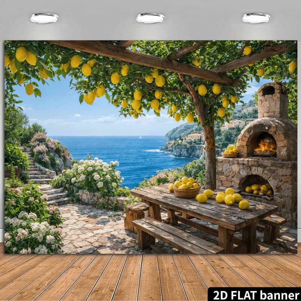 Sfondo in tessuto per banner con vista mare, pavilzone con albero di limoni 2D piatto, forno da cottura e alberi di limoni con frutti freschi appesi