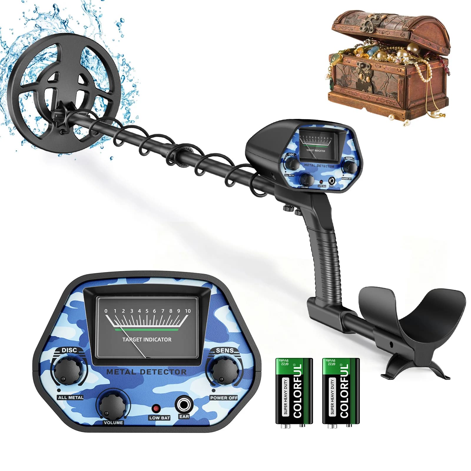 Kit Rilevatore di Metalli per Principianti, Bobina Impermeabile Leggera, Profondità Fino a 18 cm, Include 2 Batterie per Caccia a Spiaggia, Oro e