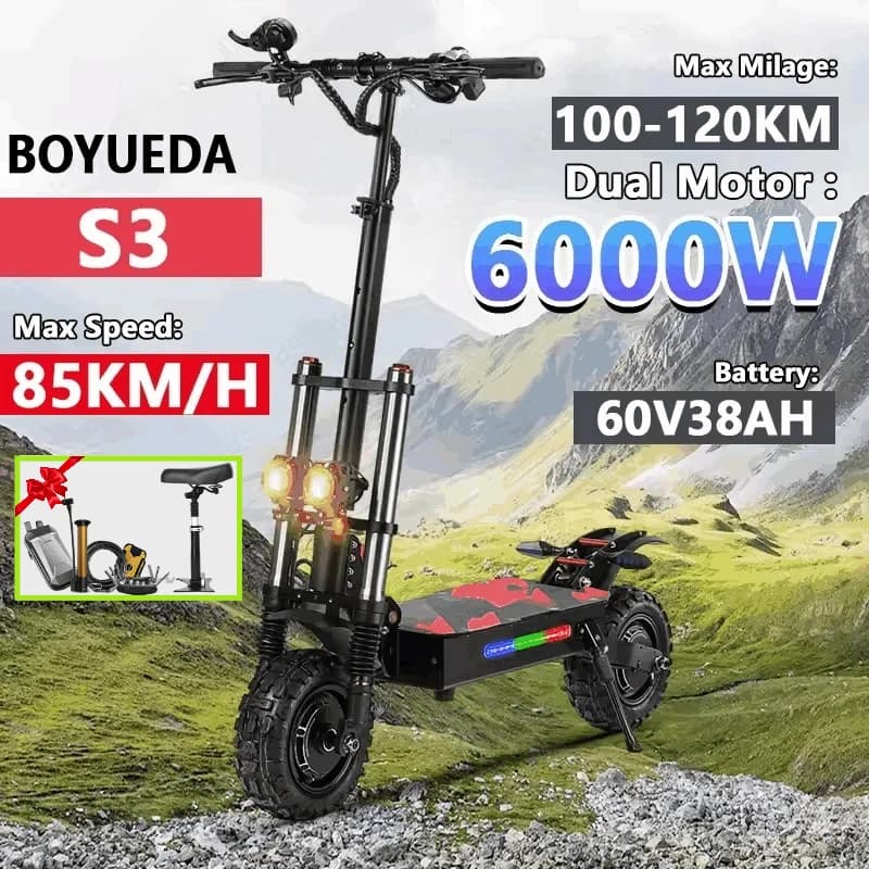 Boyueda S3 6000w 60v 38ah scooter elettrico doppio motore sedile rimovibile assorbimento degli urti idraulico escooter fuoristrada da 11 pollici