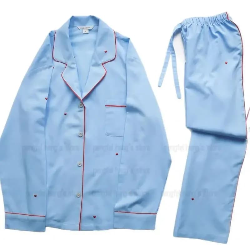 Di lusso Ricama Amore Pijama Mujer Blu Vestito Delle Donne di Cotone Degli Indumenti Da Notte Camicia A Maniche Lunghe Pantaloni Allentati Vestiti Per