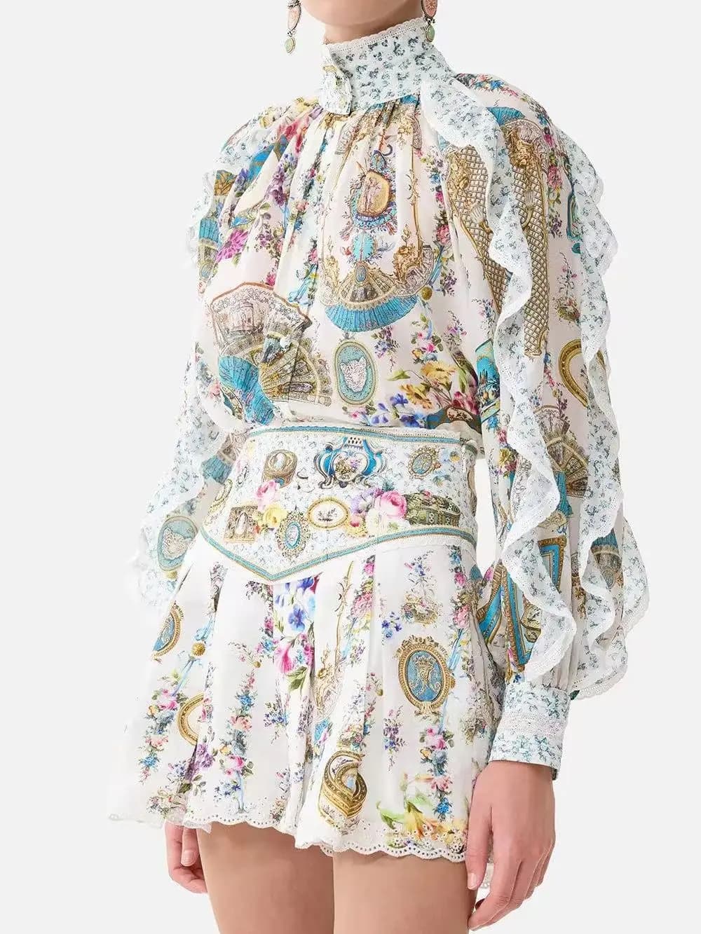 Completo da donna 2026 con stampa floreale e perline di cristallo: Camicia in seta e cotone con colletto alla coreana e maniche a lanterna +