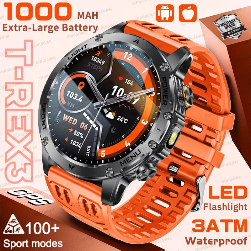 Outdoor T-Rex 3 GPS Smart Watch da uomo Schermo HD da 1,75 pollici Batteria da 1000 mAh Torcia a LED 3ATM Impermeabile HD Chiamata Bluetooth Orologio