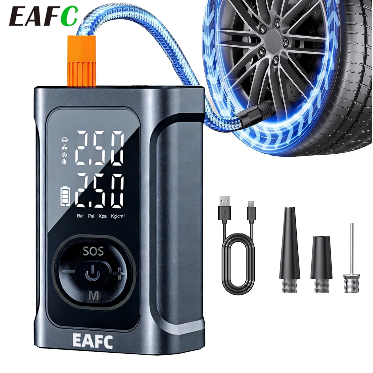 EAFC Compressore d'aria ricaricabile portatile digitale senza fili per gonfiaggio pneumatici auto, moto, biciclette e palloni